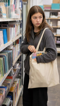 Young woman shoplifter stealing art supplies from a store aisle. Nervous girl hiding product in tote bag. Conceptual scene of juvenile delinquency, kleptomania and retail crime security.