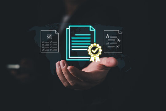 Hand holding glowing digital document holograms with a gold approval seal and world map. Concept of smart contracts, electronic signatures, quality certification, and global compliance.