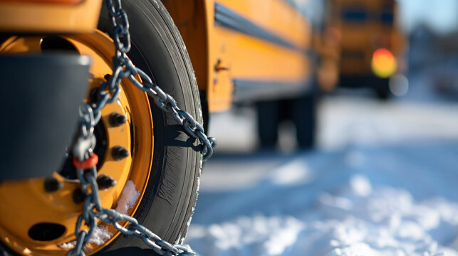 close-up of a school bus tire with chains on a bright snowy road, winter preparedness and safety concept, transportation precautions, bright, with copy space