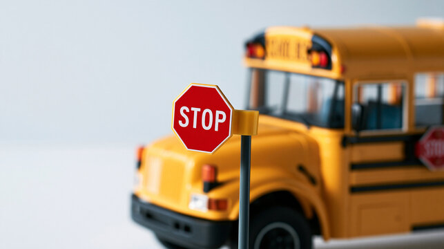 a yellow school bus with a stop sign extended displayed on a bright white background, transportation safety concept, back to school, bright, with copy space