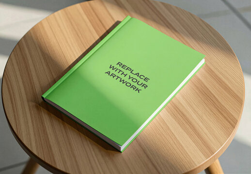 Hardcover book mockup with placeholder text displayed on a round wooden table, realistic cover presentation for graphic design, print media, editorial and publishing, Template
