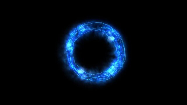 Charged blue arcs race around a circular plasma gateway atmospheric smoke pulses outward. futuristic interfaces, teleportation scenes, gaming intros, energy title reveals, overlays, science visuals