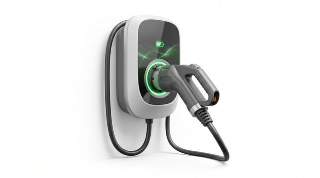 Electric vehicle charging station on white background. Modern EV wallbox charger with plug. Green energy power supply for electric cars.
