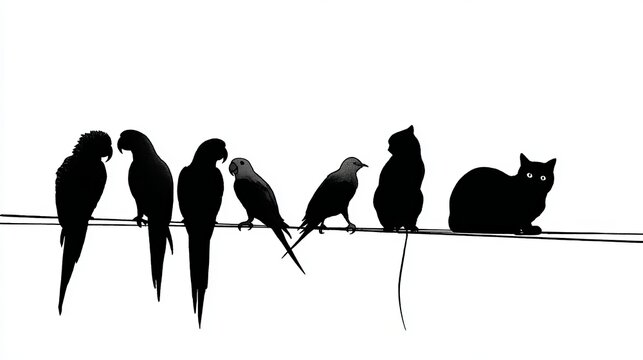 Black silhouettes of various exotic parrots and a small domestic cat resting together upon a thin horizontal line against white
