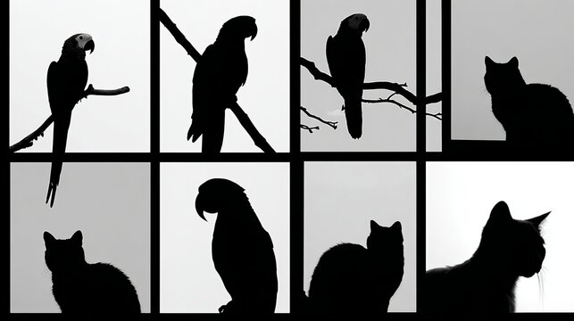 Black silhouettes of exotic tropical parrots and domestic cats arranged in square frames showcasing artistic contrast against bright white backgrounds