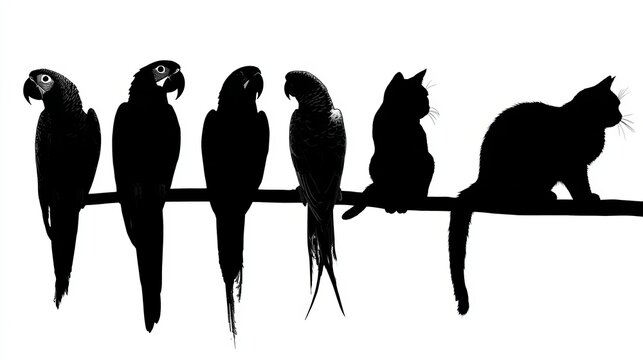 Diverse parrots and cats sitting together on a thin branch silhouette isolated against bright white background for creative design projects