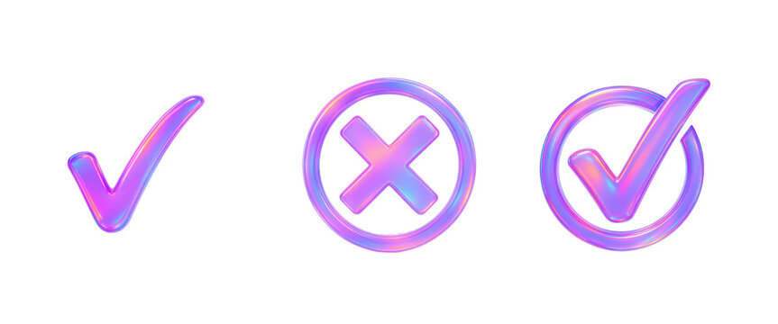 3D holographic checkmark and cross mark circle icons isolated