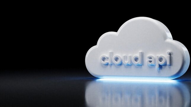 Glossy white cloud shape with embossed text cloud api. It rests on a reflective surface with blue neon light underneath. Symbolizes digital integration and modern tech services.