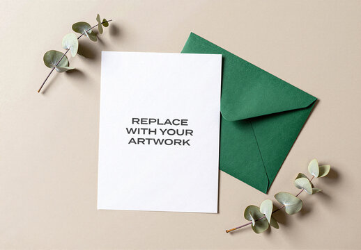 Vertical stationery mockup featuring a white card and green envelope on neutral surface, flat lay composition with eucalyptus branches, Template, design