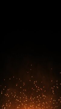 Realistic orange embers hot sparks rise smoky black scene, creating cinematic fire overlay for action trailers, wildfire stories, forge footage, campfire edits and dramatic industrial backgrounds.