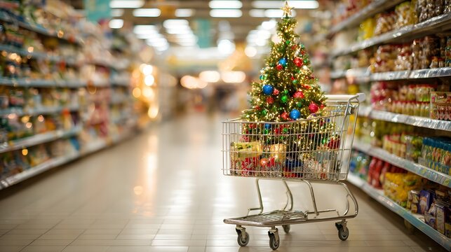 christmas tree loaded in shopping cart parked in supermarket aisle