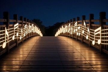 Naklejka premium Wooden bridge decorated with glowing musical notes at night. Bright melody lights form pathway along dark railing. Magic sound art creates dreamy atmosphere in park. Fantasy concept of music,