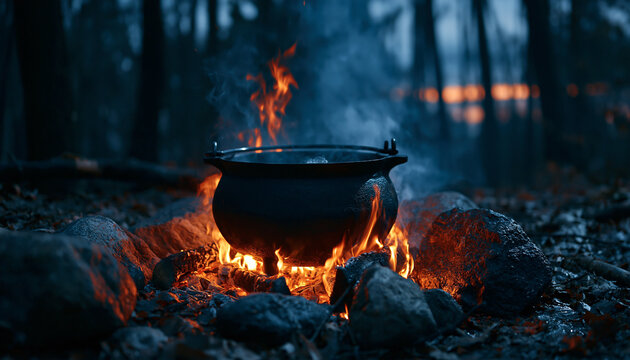 Black iron cauldron sits over hot wood fire in dark forest at night. Bright orange flames burn with smoke under twilight sky. Magical potion boils inside pot surrounded by stones. Mystery atmosphere