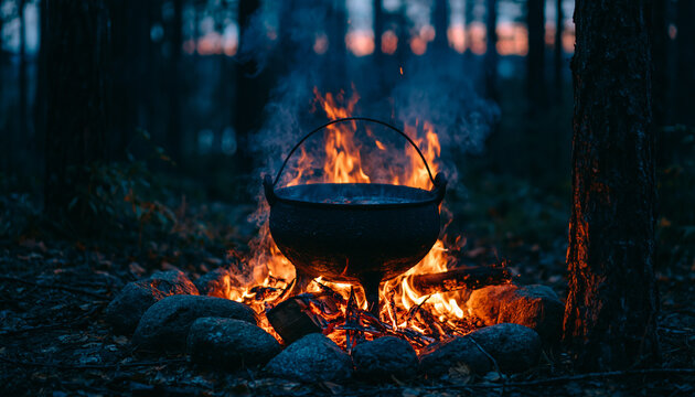Black iron cauldron sits over hot wood fire in dark forest at night. Bright orange flames burn with smoke under twilight sky. Magical potion boils inside pot surrounded by stones. Mystery atmosphere