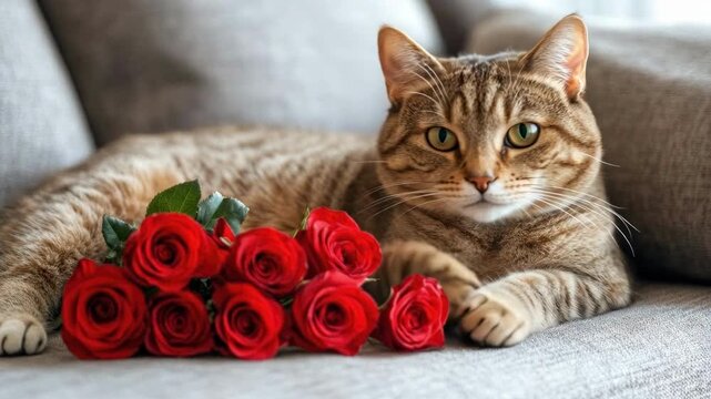Tabby cat relaxing on sofa with red roses. The 14th of February. Happy Valentine's Day