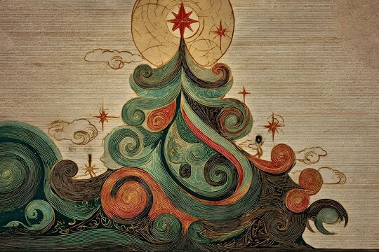 Swirling decorative Christmas tree illustration on textured paper