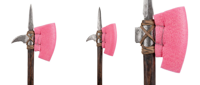 Medieval halberd padded pink sponge weapon isolated on black background conceptualizing safety, soft protection, nonviolence, safe combat, funny fantasy gear, and harmless war metaphor design.