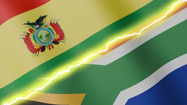 Two waving flags Bolivia and South Africa with diagonal lightning seamless, 4k loop