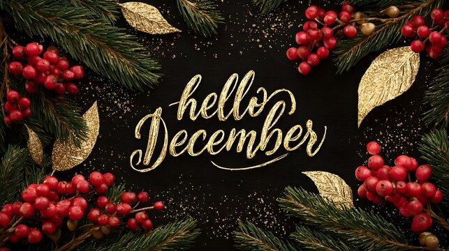 hello December gold lettering with fir branches and red berries
