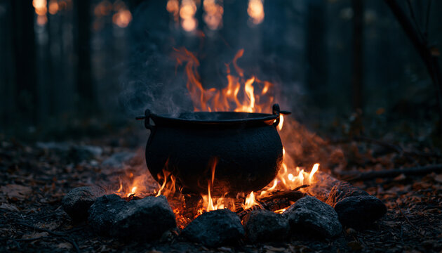Black iron cauldron sits over hot wood fire in dark forest at night. Bright orange flames burn with smoke under twilight sky. Magical potion boils inside pot surrounded by stones. Mystery atmosphere