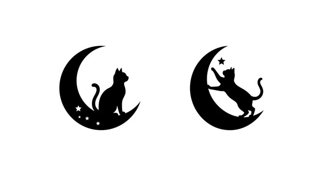 Black silhouettes of cats on crescent moons with stars against a white background