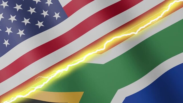 Two waving flags United States of America and South Africa with diagonal lightning seamless, 4k loop