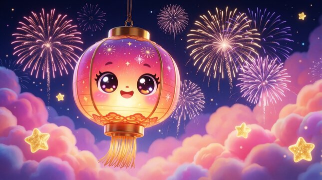 Cartoon lantern with smiling face, big eyes, colorful stars, yellow light side rays, hanging golden rope, gold fringes, fireworks, multi-colored stars, rainbow like clouds, blue night sky