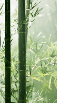 Bamboo plants stand tall in a foggy location. The sun filters through the leaves, creating a misty effect. Nature surrounds the bamboo in this quiet setting.