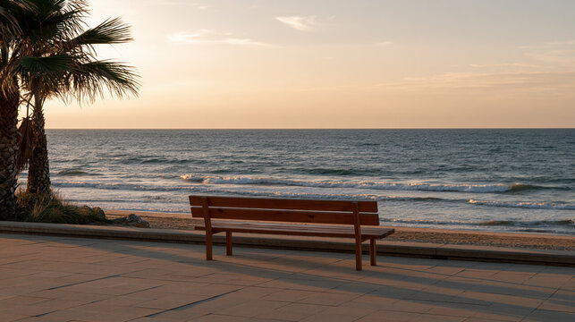 Empty wooden bench on a peaceful Spanish seaside promenade at sunset