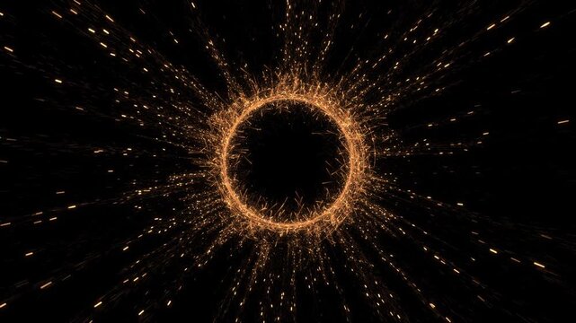A dramatic gold halo erupts with fast particles and bright rays while preserving central copy space. Ideal for game trailers, transitions, product launches, event openers, badges, and emblems.