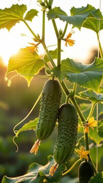 Closeup of fresh cucumbers hanging on a vine in a sunlit garden at sunset with yellow blossoms and green leaves