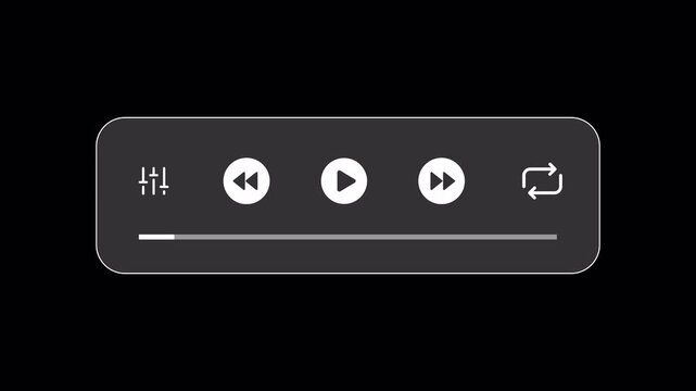 Video Player Overlay Animation on Transparent Background, Minimal Media Playback Control Interface with Play Pause Previous Next Buttons and Progress Bar, 4K Alpha Channel