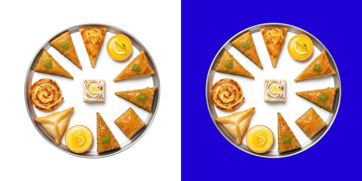 Assorted Middle Eastern sweet pastries and lemon tarts on a round metal serving tray