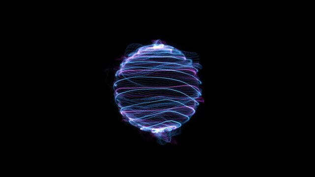 Light ribbons orbit a dark circular core, forming a sleek animated energy object. Perfect for podcasts, electronic music, esports, software launches, immersive displays and science-fiction graphics.