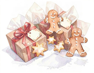 Fototapeta premium Watercolor Christmas gifts illustration with gingerbread man cookies star biscuits and wrapping paper