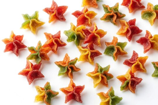 Group of uncooked star shaped pasta crackers in red, orange, and green colors on white background. Dry edible shapes are ready for cooking seblak meal.