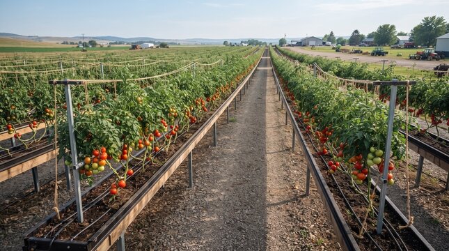 Large scale commercial tomato farm with rows of plants in raised beds under a clear sky