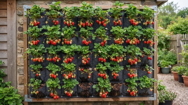 Sustainable Home Gardening with Vertical Planter Wall Growing Fresh Red Strawberries