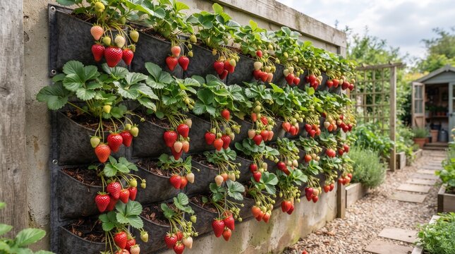 Vertical Garden Wall Growing Fresh Red Strawberries in Fabric Planters Outdoors