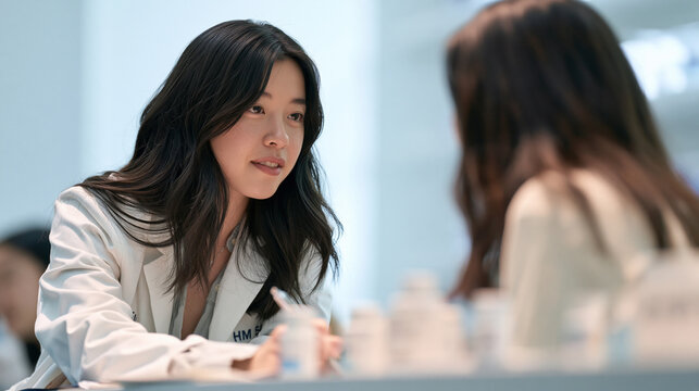 A clinical pharmacist speaks calmly with a patient across a clinic work surface, using the medication packages beside them as the visible focus while recording a clinical finding.