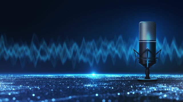 Professional studio microphone with luminous blue sound waves and generous copy space. Ideal for voice recording, digital assistants, speech 19, online courses, interviews, broadcast, and ads.