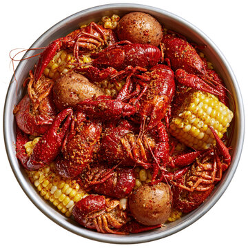 Crawfish boil with corn and potatoes in