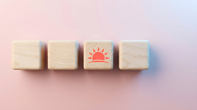 Sunrise icon on wooden block symbol for hope | Minimalist concept of new beginnings | Clean aesthetic wooden cube blocks on pink background | Positive mindset and fresh start