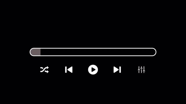 Video Player Overlay Animation on Transparent Background, Minimal Media Playback Control Interface with Play Pause Previous Next Buttons and Progress Bar, 4K Alpha Channel