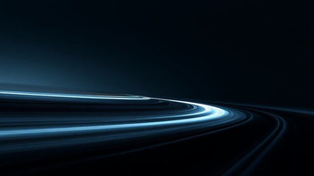 Glowing blue light streaks moving in high speed motion across dark abstract background creating futuristic sense of digital energy flow