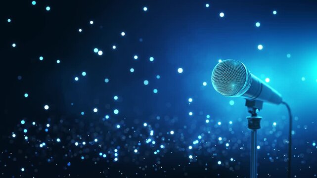 Professional microphone illuminated by cool blue stage light against an open dark backdrop. Ideal for conferences, public speaking, announcements, interviews, seminars, presentations, and event media.