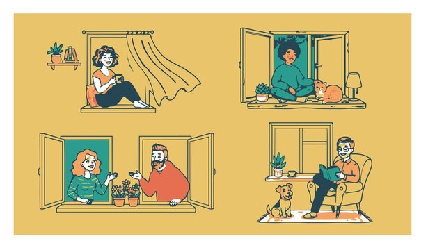 Untitled design - 1Happy apartment neighbors vector with people at windows drinking coffee and playing with pets