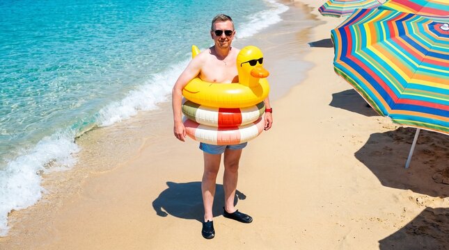 Man with yellow duck float ring relaxing on sunny beach with colorful umbrellas