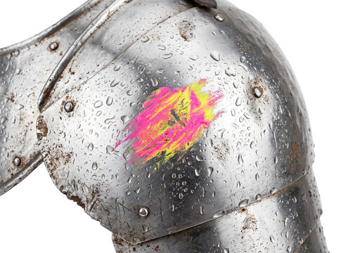 Medieval steel armor shoulder plate covered in water drops and neon paint mark, battle worn knight pauldron with rain droplets, isolated metallic suit of armor detail for history concept asset.