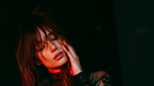 redlit intimate portrait of a thoughtful brunette woman, dramatic monochromatic portrait of a pensive brunette in deep red light, mysterious closeup of a woman lost in thought